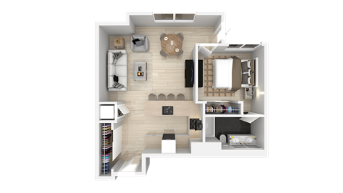 Floor plan for 1 bed, 1 bath, 791 sqft